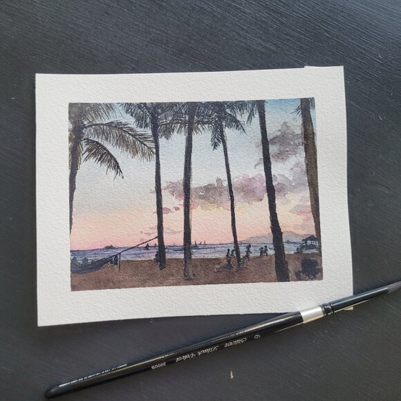 Waikiki Sunset I - Tiny Original Watercolor Artwork - Picture 4 of 4